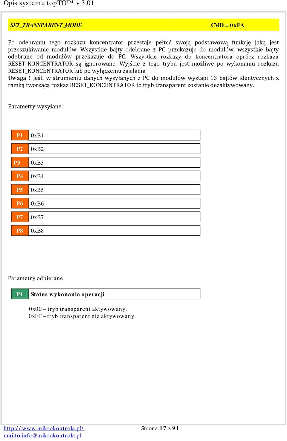 Wyjście z tego trybu jest możliwe po wykonaniu rozkazu RESET_KONCENTRATOR lub po wyłączeniu zasilania.