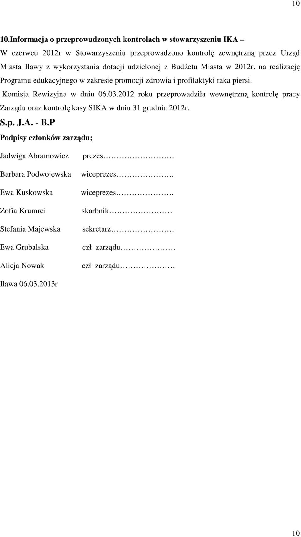 dotacji udzielonej z Budżetu Miasta w 2012r. na realizację Programu edukacyjnego w zakresie promocji zdrowia i profilaktyki raka piersi. Komisja Rewizyjna w dniu 06.03.