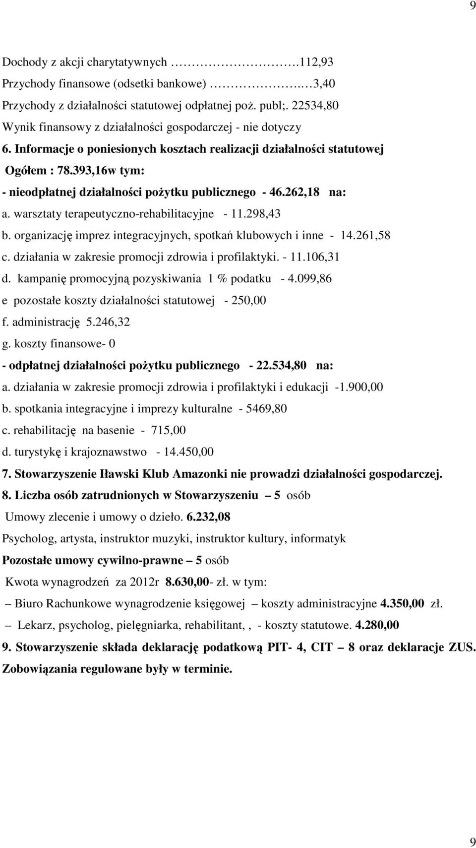 393,16w tym: - nieodpłatnej działalności pożytku publicznego - 46.262,18 na: a. warsztaty terapeutyczno-rehabilitacyjne - 11.298,43 b. organizację imprez integracyjnych, spotkań klubowych i inne - 14.