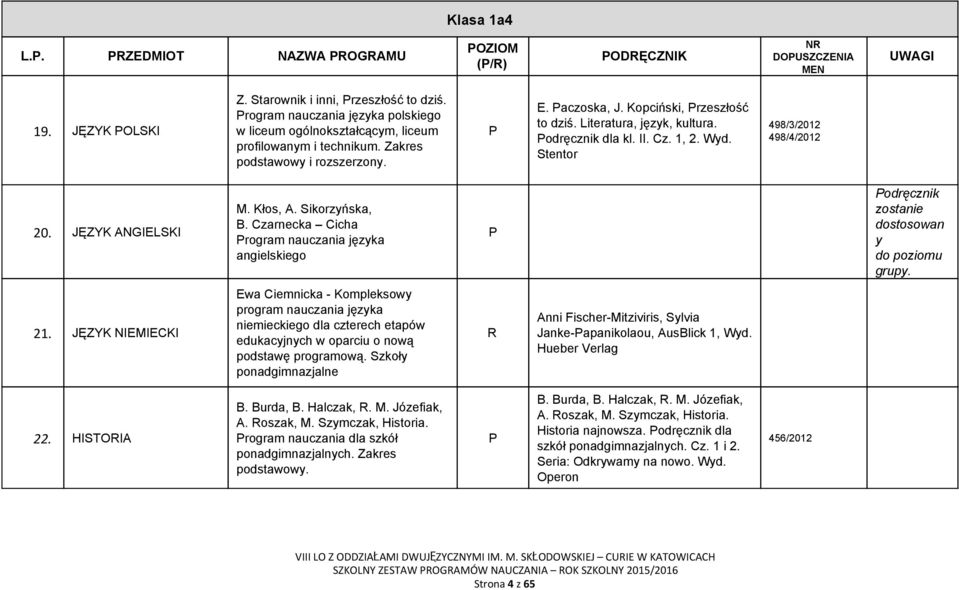 odręcznik dla kl. II. Cz. 1, 2. Wyd. Stentor 498/3/2012 498/4/2012 20. JĘZYK ANGIELSKI M. Kłos, A. Sikorzyńska, B.