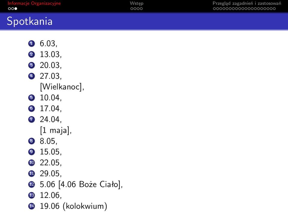 04, [1 maja], 8 8.05, 9 15.05, 10 22.05, 11 29.