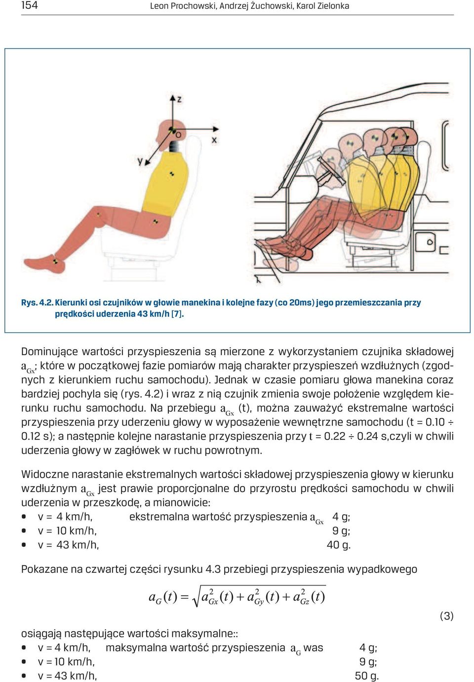 samochodu). Jednak w czasie pomiaru głowa manekina coraz bardziej pochyla się (rys. 4.2) i wraz z nią czujnik zmienia swoje położenie względem kierunku ruchu samochodu.