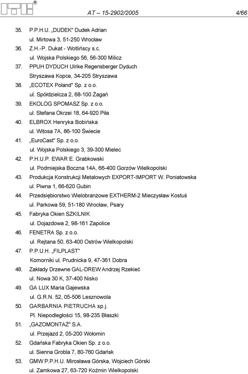 ELBROX Henryka Bobińska ul. Witosa 7A, 86-100 Świecie 41. EuroCast" Sp. z o.o. ul. Wojska Polskiego 3, 39-300 Mielec 42. P.H.U.P. EWAR E. Grabkowski ul.