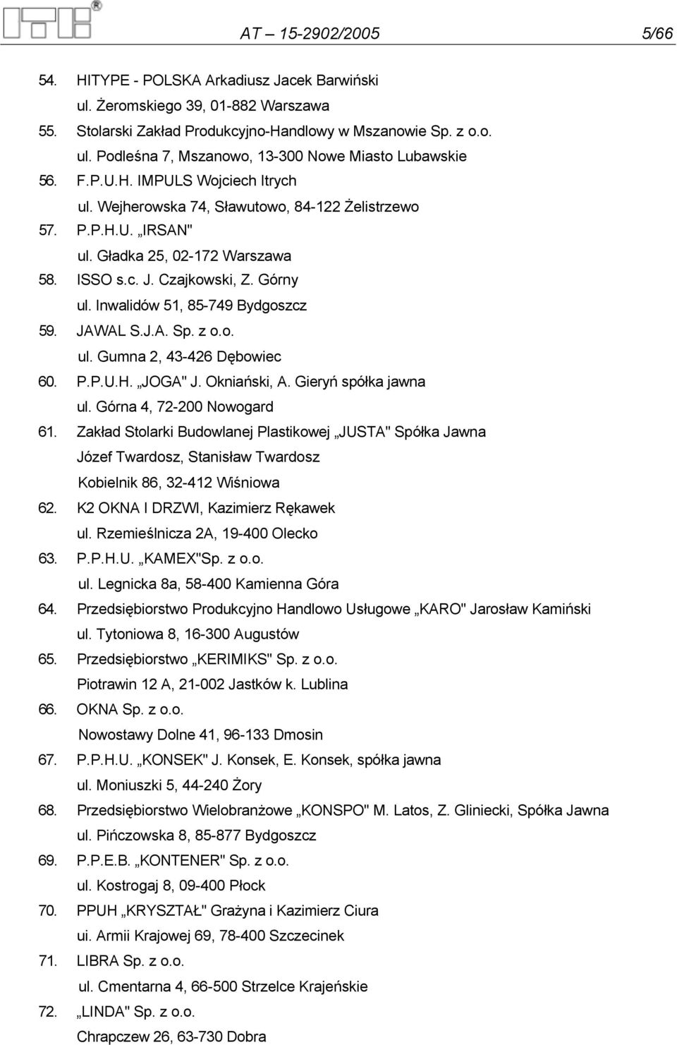 Inwalidów 51, 85-749 Bydgoszcz 59. JAWAL S.J.A. Sp. z o.o. ul. Gumna 2, 43-426 Dębowiec 60. P.P.U.H. JOGA" J. Okniański, A. Gieryń spółka jawna ul. Górna 4, 72-200 Nowogard 61.