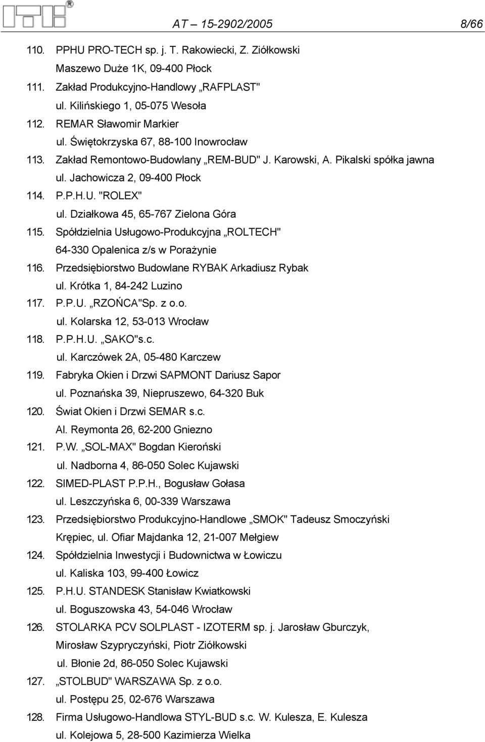 Działkowa 45, 65-767 Zielona Góra 115. Spółdzielnia Usługowo-Produkcyjna ROLTECH" 64-330 Opalenica z/s w Porażynie 116. Przedsiębiorstwo Budowlane RYBAK Arkadiusz Rybak ul.