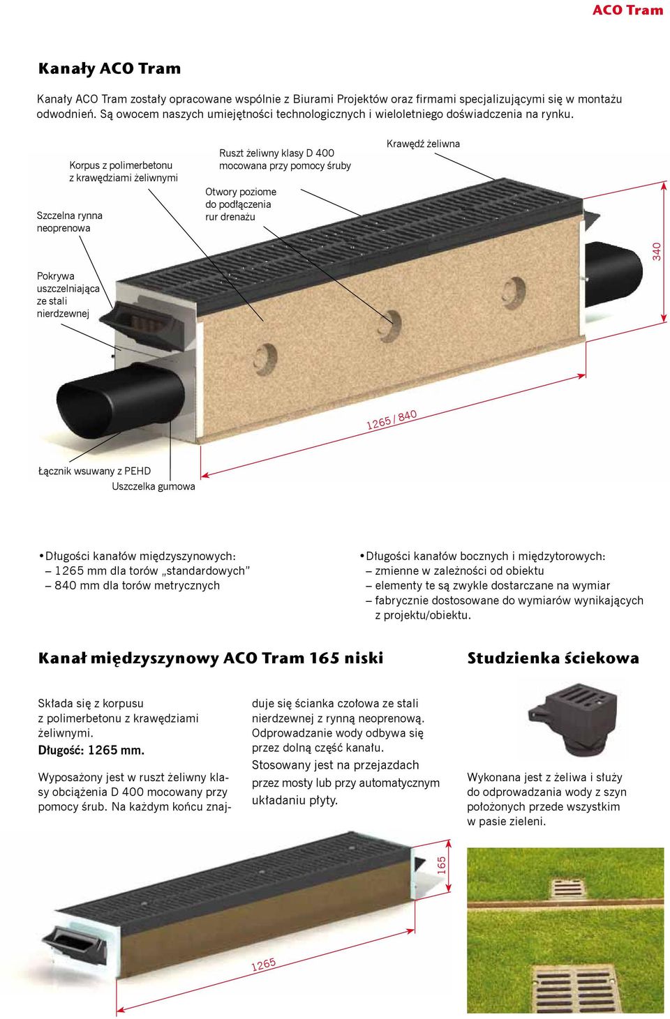 Korpus z polimerbetou z krawędziami żeliwymi Szczela rya eopreowa Ruszt żeliwy klasy D 400 mocowaa przy pomocy śruby Otwory poziome do podłączeia rur dreażu Krawędź żeliwa 340 Pokrywa uszczeliająca