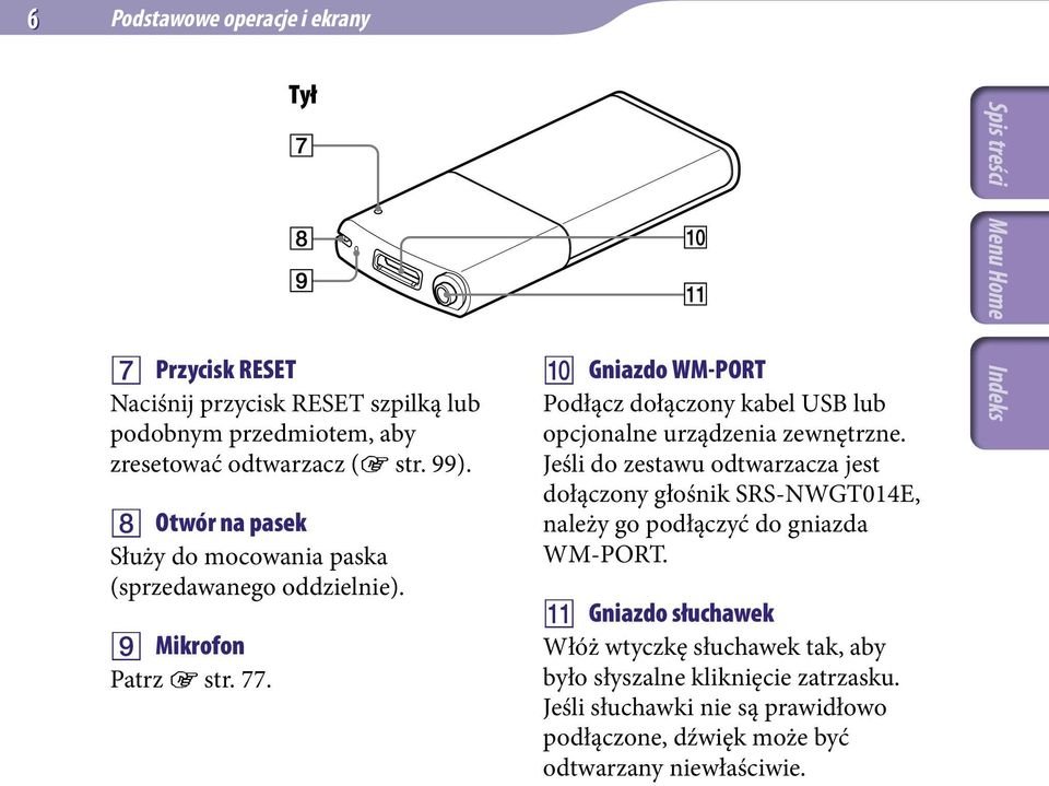 Gniazdo WM-PORT Podłącz dołączony kabel USB lub opcjonalne urządzenia zewnętrzne.