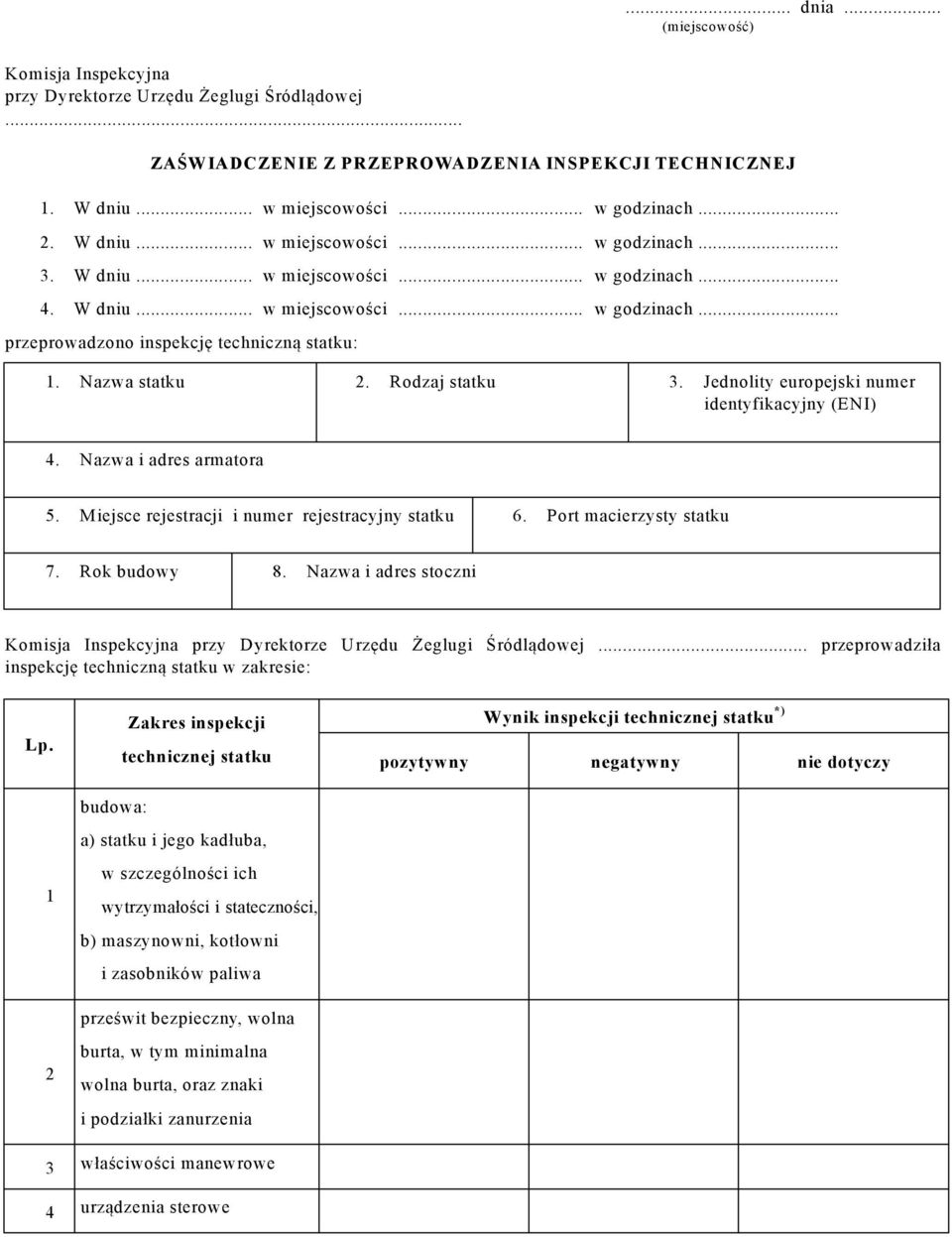 Rodzaj statku 3. Jednolity europejski numer identyfikacyjny (ENI) 4. Nazwa i adres armatora 5. Miejsce rejestracji i numer rejestracyjny statku 6. Port macierzysty statku 7. Rok budowy 8.