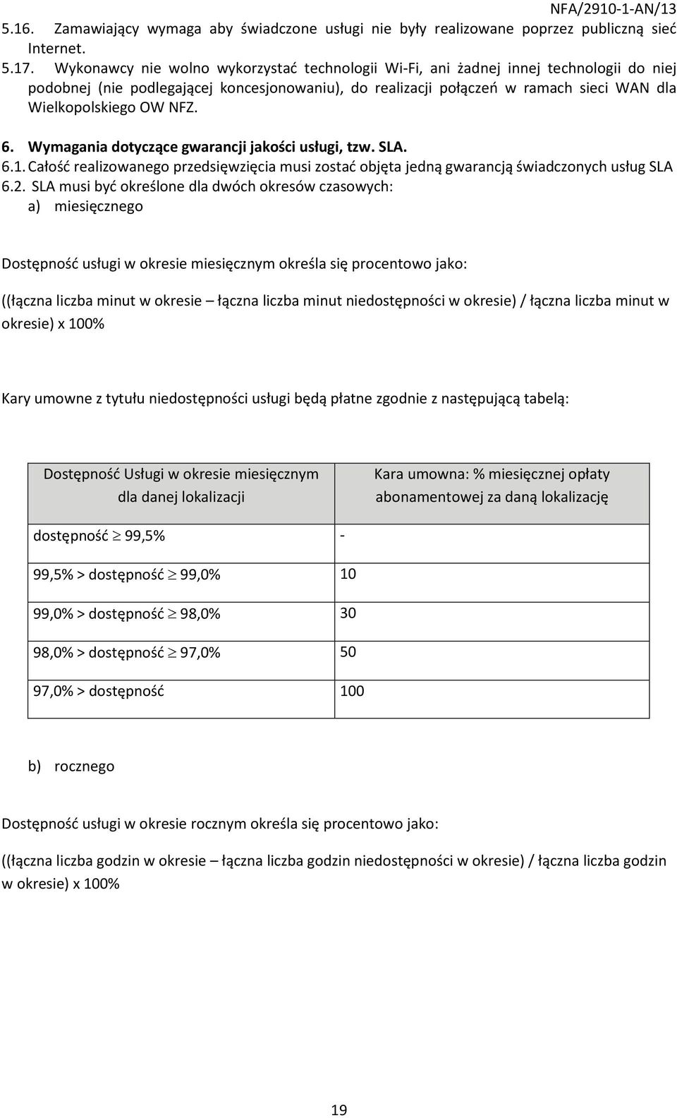 NFZ. 6. Wymagania dotyczące gwarancji jakości usługi, tzw. SLA. 6.1. Całość realizowanego przedsięwzięcia musi zostać objęta jedną gwarancją świadczonych usług SLA 6.2.