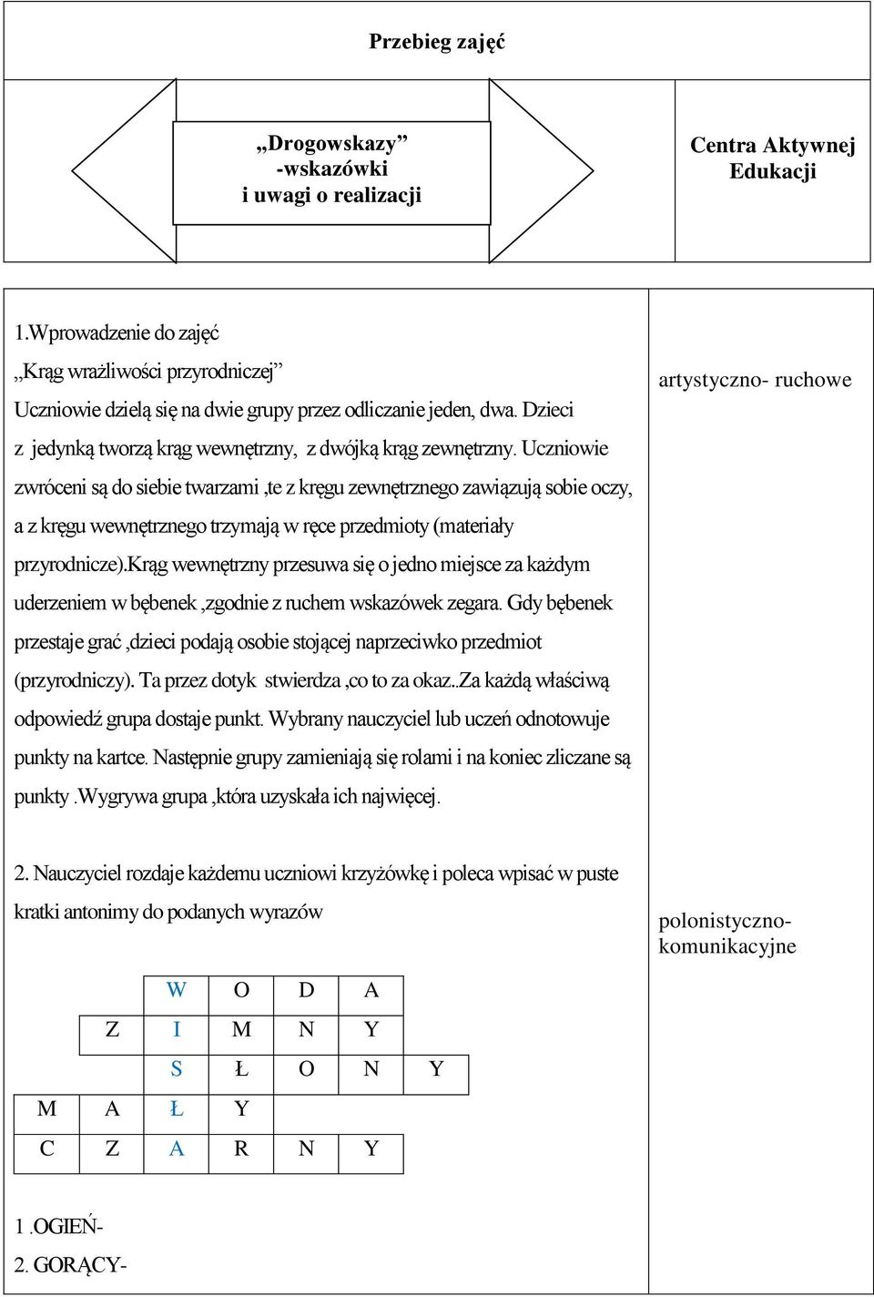 Uczniowie zwróceni są do siebie twarzami,te z kręgu zewnętrznego zawiązują sobie oczy, a z kręgu wewnętrznego trzymają w ręce przedmioty (materiały przyrodnicze).