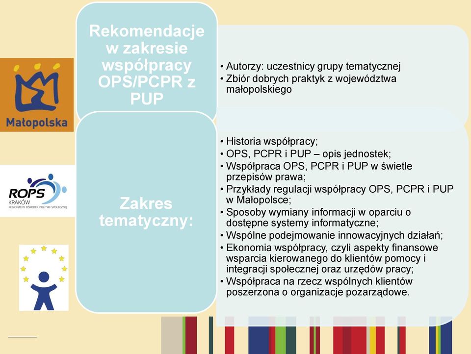 Małopolsce; Sposoby wymiany informacji w oparciu o dostępne systemy informatyczne; Wspólne podejmowanie innowacyjnych działań; Ekonomia współpracy, czyli aspekty