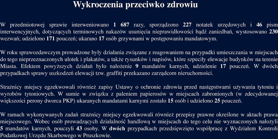 W roku sprawozdawczym prowadzone były działania związane z reagowaniem na przypadki umieszczania w miejscach do tego nieprzeznaczonych ulotek i plakatów, a także rysunków i napisów, które szpeciły