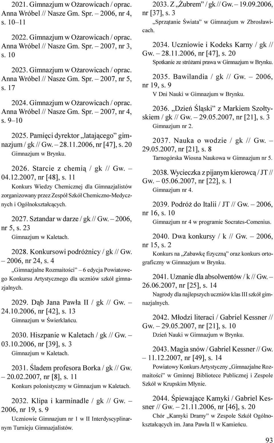 Pamiêci dyrektor lataj¹cego gimnazjum / gk // Gw. 28.11.2006, nr [47], s. 20 Gimnazjum w Brynku. 2026. Starcie z chemi¹ / gk // Gw. 04.12.2007, nr [48], s.