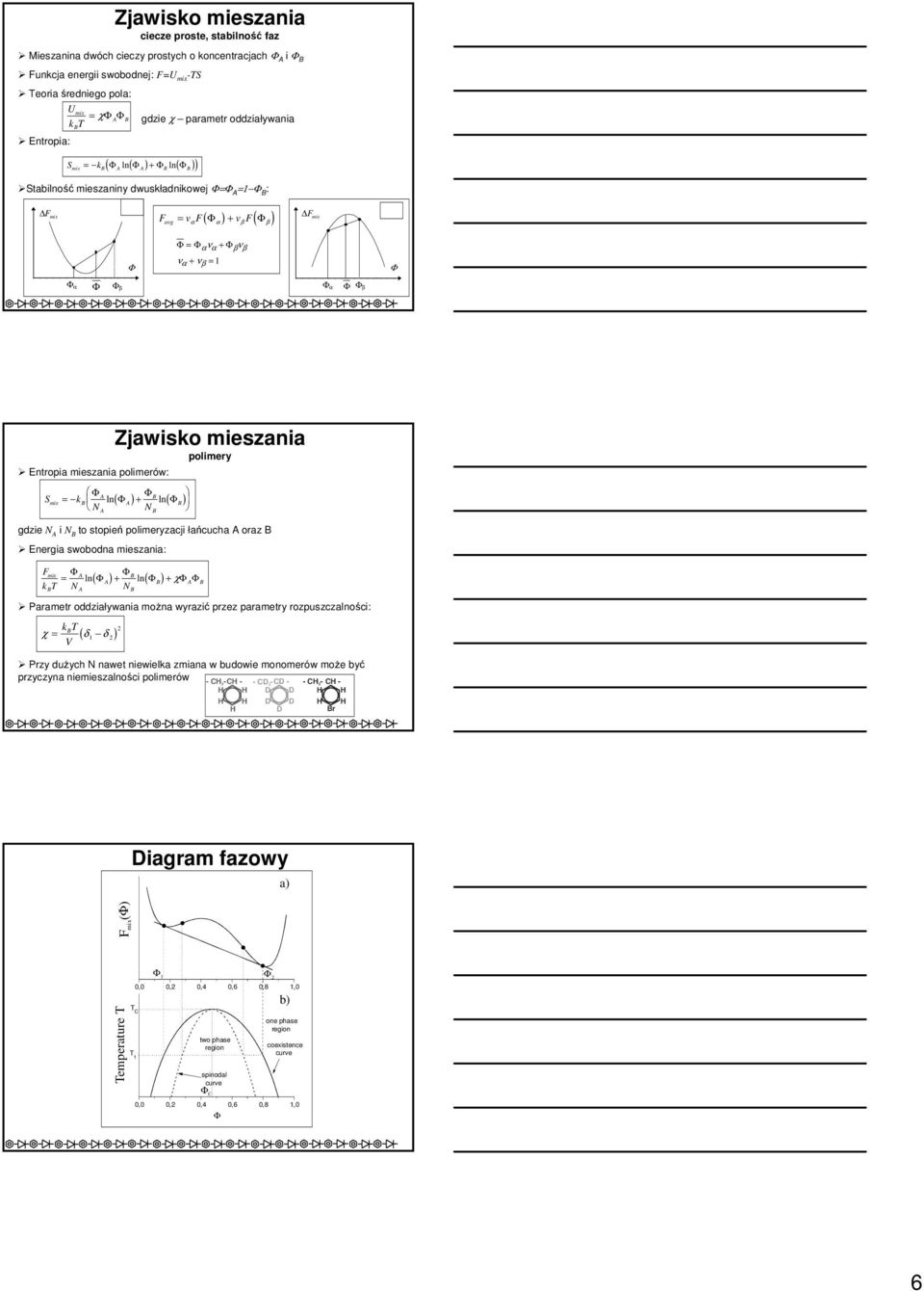 β Zjawisko mieszania polimery Entropia mieszania polimerów: S mix A = k ln + N N A ( A) ln( ) gdzie N A i N to stopień polimeryzacji łańcucha A oraz Energia swobodna mieszania: Fmix A = ln( A) + ln(