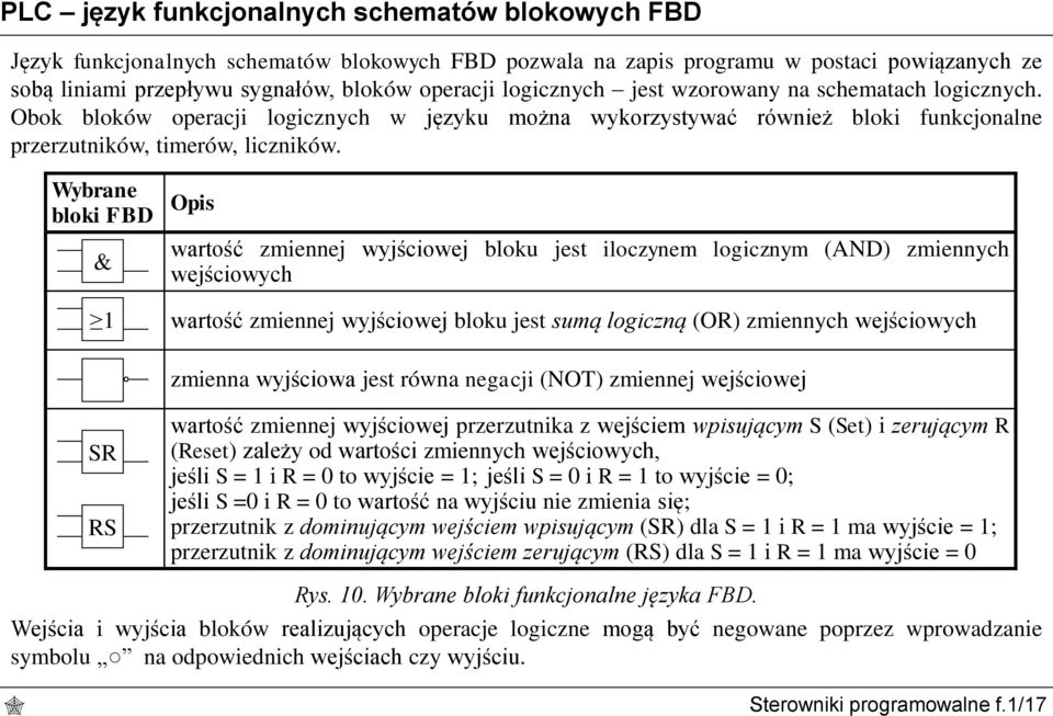 Wybrane bloki FBD Opis wartość zmiennej wyjściowej bloku jest iloczynem logicznym (AND) zmiennych wejściowych wartość zmiennej wyjściowej bloku jest sumą logiczną (OR) zmiennych wejściowych zmienna