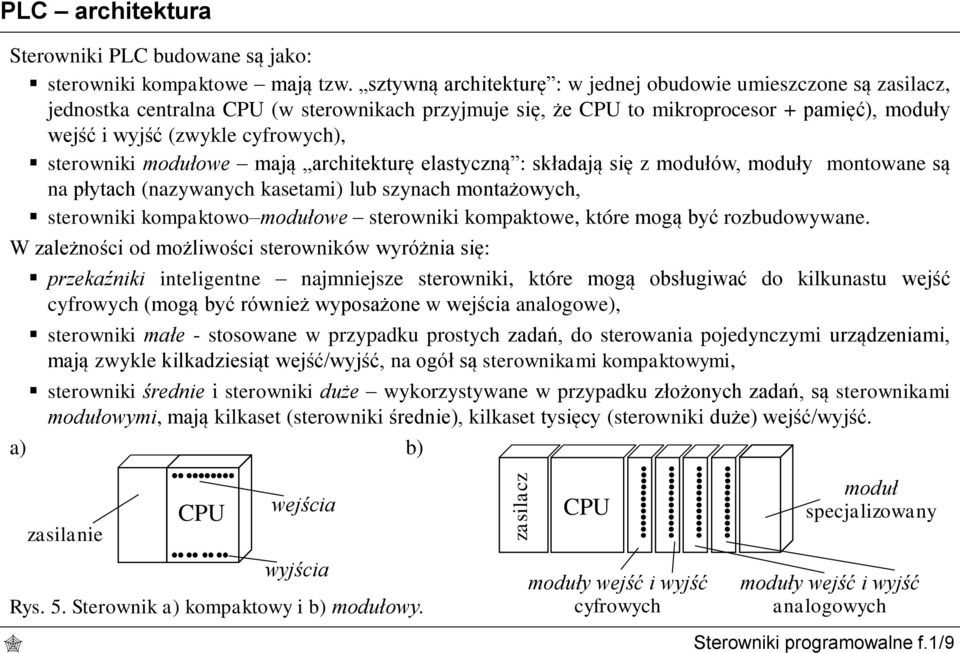 sterowniki modułowe mają architekturę elastyczną : składają się z modułów, moduły montowane są na płytach (nazywanych kasetami) lub szynach montażowych, sterowniki kompaktowo modułowe sterowniki