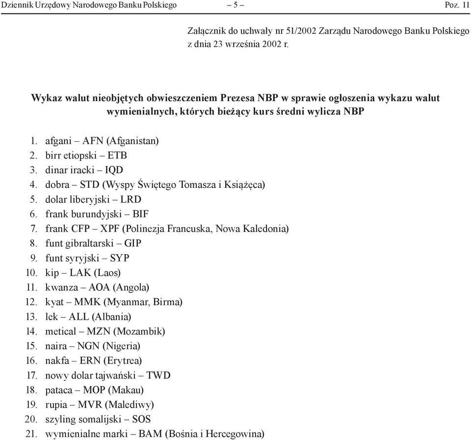 dinar iracki IQD 4. dobra STD (Wyspy Świętego Tomasza i Książęca) 5. dolar liberyjski LRD 6. frank burundyjski BIF 7. frank CFP XPF (Polinezja Francuska, Nowa Kaledonia) 8. funt gibraltarski GIP 9.