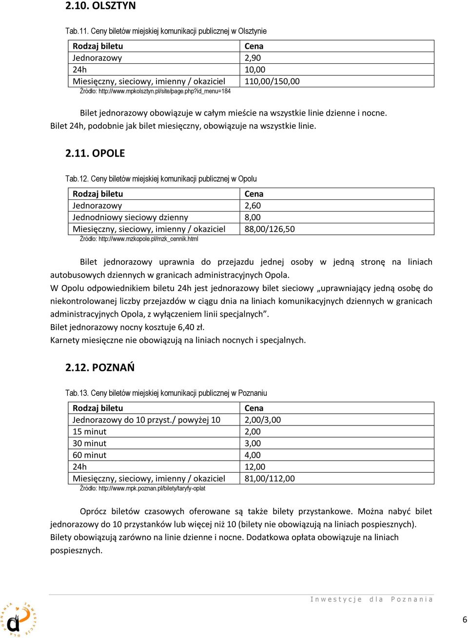 12. Ceny biletów miejskiej komunikacji publicznej w Opolu Jednorazowy 2,60 Jednodniowy sieciowy dzienny 8,00 Miesięczny, sieciowy, imienny / okaziciel 88,00/126,50 Źródło: http://www.mzkopole.