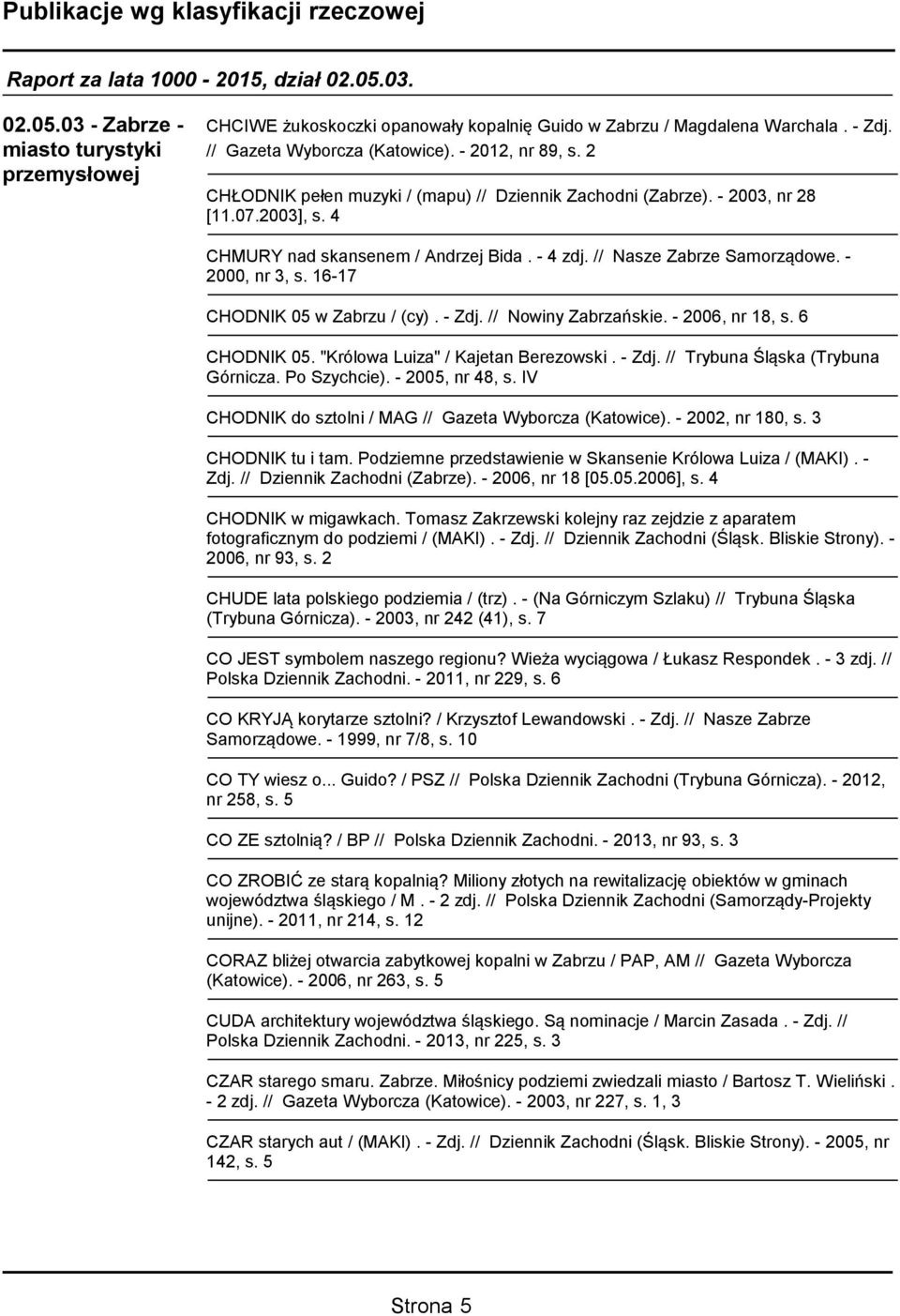 - 2000, nr 3, s. 16-17 CHODNIK 05 w Zabrzu / (cy). - Zdj. // Nowiny Zabrzańskie. - 2006, nr 18, s. 6 CHODNIK 05. "Królowa Luiza" / Kajetan Berezowski. - Zdj. // Trybuna Śląska (Trybuna Górnicza.