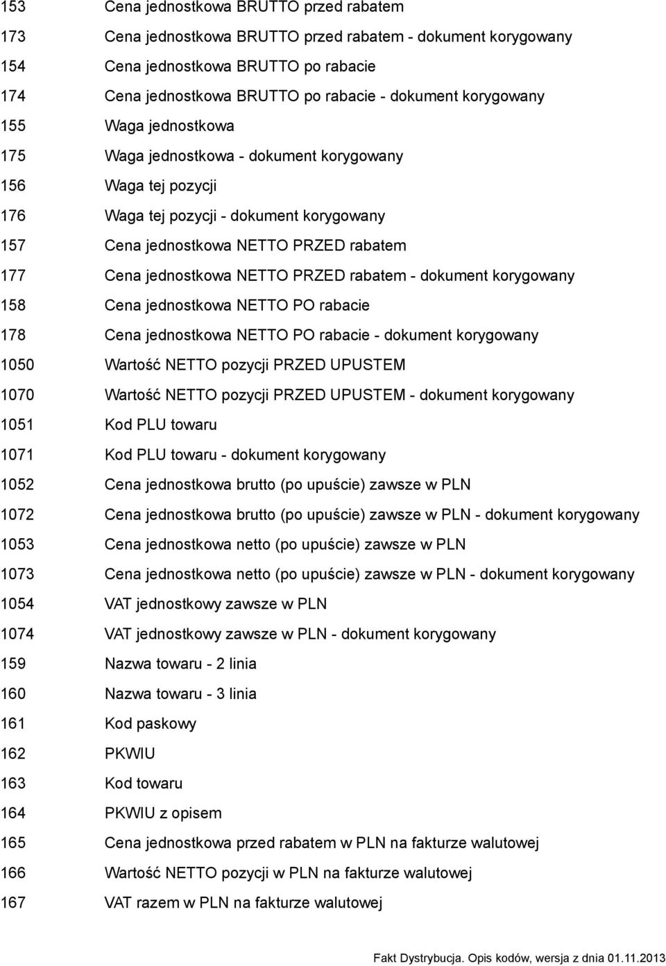 jednostkowa NETTO PRZED rabatem - dokument korygowany 158 Cena jednostkowa NETTO PO rabacie 178 Cena jednostkowa NETTO PO rabacie - dokument korygowany 1050 Wartość NETTO pozycji PRZED UPUSTEM 1070