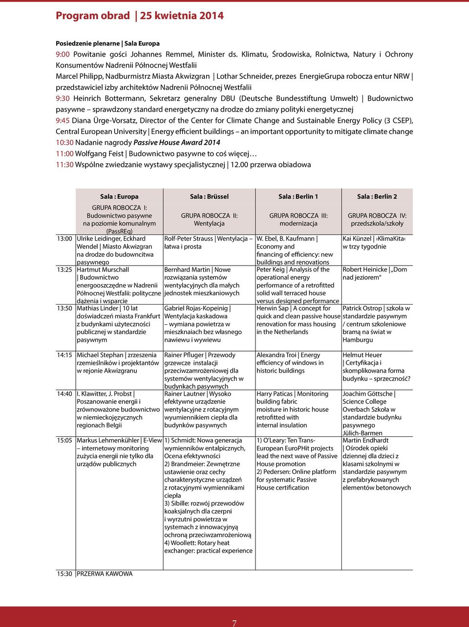 przedstawiciel izby architektów Nadrenii Północnej Westfalii 9:30 Heinrich Bottermann, Sekretarz generalny DBU (Deutsche Bundesstiftung Umwelt) Budownictwo pasywne sprawdzony standard energetyczny na