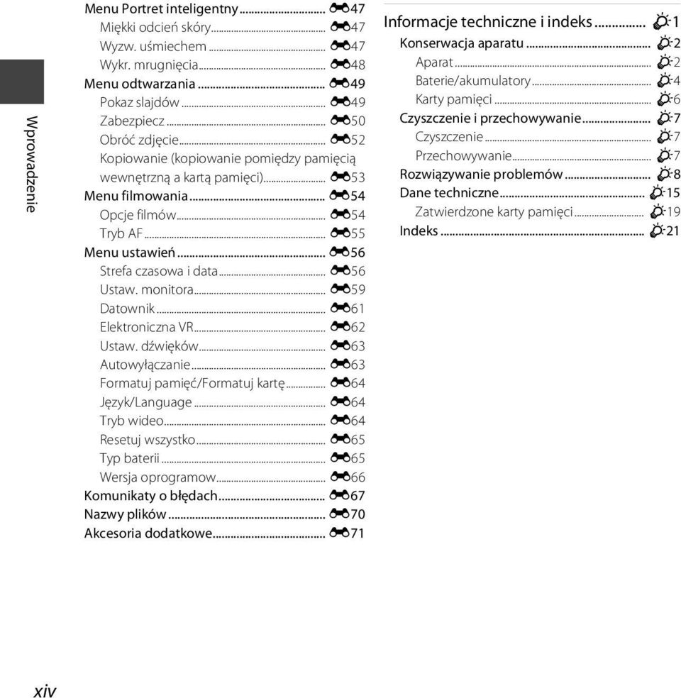 monitora... E59 Datownik... E61 Elektroniczna VR... E62 Ustaw. dźwięków... E63 Autowyłączanie... E63 Formatuj pamięć/formatuj kartę... E64 Język/Language... E64 Tryb wideo... E64 Resetuj wszystko.