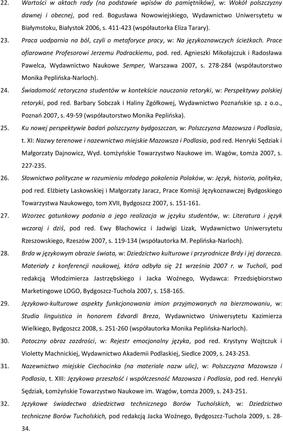 Agnieszki Mikołajczuk i Radosława Pawelca, Wydawnictwo Naukowe Semper, Warszawa 2007, s. 278-284 (współautorstwo Monika Peplińska-Narloch). 24.