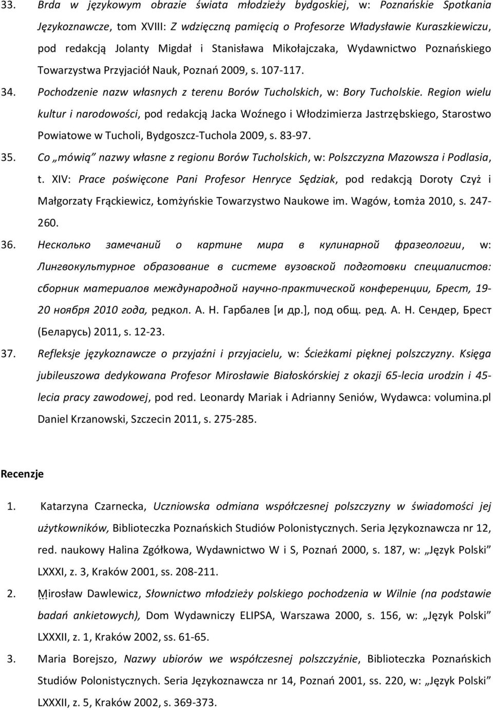 Region wielu kultur i narodowości, pod redakcją Jacka Woźnego i Włodzimierza Jastrzębskiego, Starostwo Powiatowe w Tucholi, Bydgoszcz-Tuchola 2009, s. 83-97. 35.