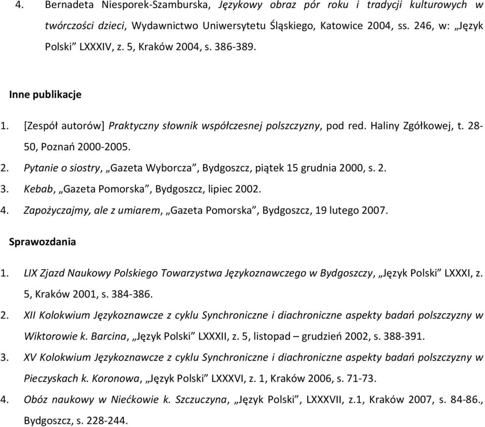 2. 3. Kebab, Gazeta Pomorska, Bydgoszcz, lipiec 2002. 4. Zapożyczajmy, ale z umiarem, Gazeta Pomorska, Bydgoszcz, 19 lutego 2007. Sprawozdania 1.