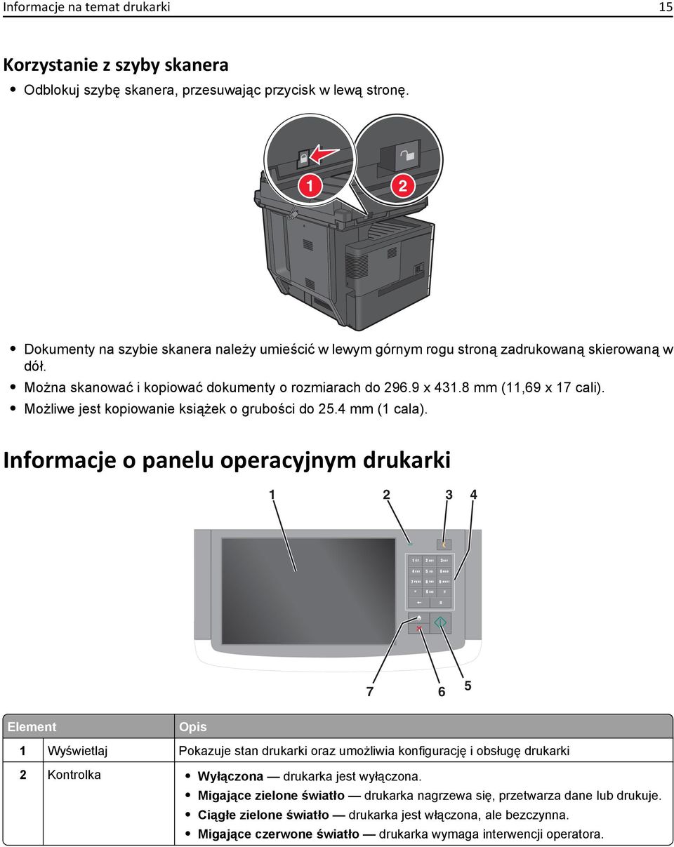 Możliwe jest kopiowanie książek o grubości do 25.4 mm (1 cala). Informacje o panelu operacyjnym drukarki 1 2 3 4 1 @!