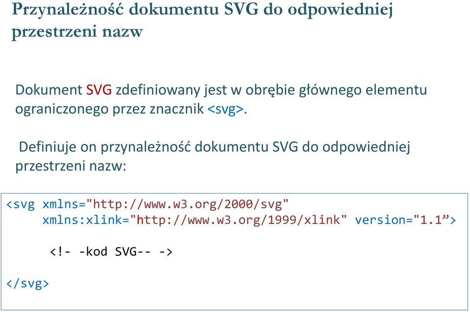 Definiuje on przynależność dokumentu SVG do odpowiedniej przestrzeni nazw: <svg