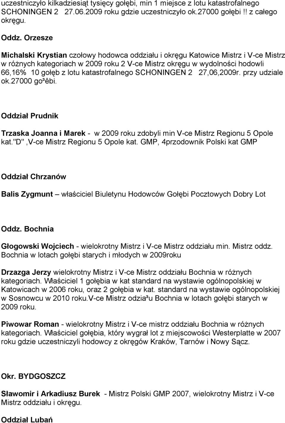 katastrofalnego SCHONINGEN 2 27,06,2009r. przy udziale ok.27000 go³êbi. Oddział Prudnik Trzaska Joanna i Marek - w 2009 roku zdobyli min V-ce Mistrz Regionu 5 Opole kat.