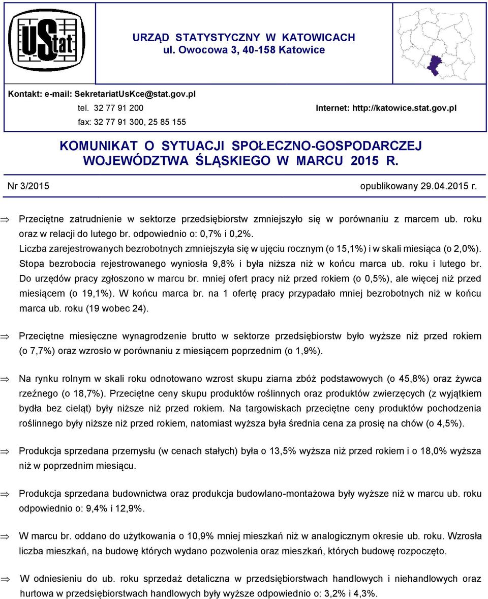 Liczba zarejestrowanych bezrobotnych zmniejszyła się w ujęciu rocznym (o 15,1%) i w skali miesiąca (o 2,0%). Stopa bezrobocia rejestrowanego wyniosła 9,8% i była niższa niż w końcu marca ub.