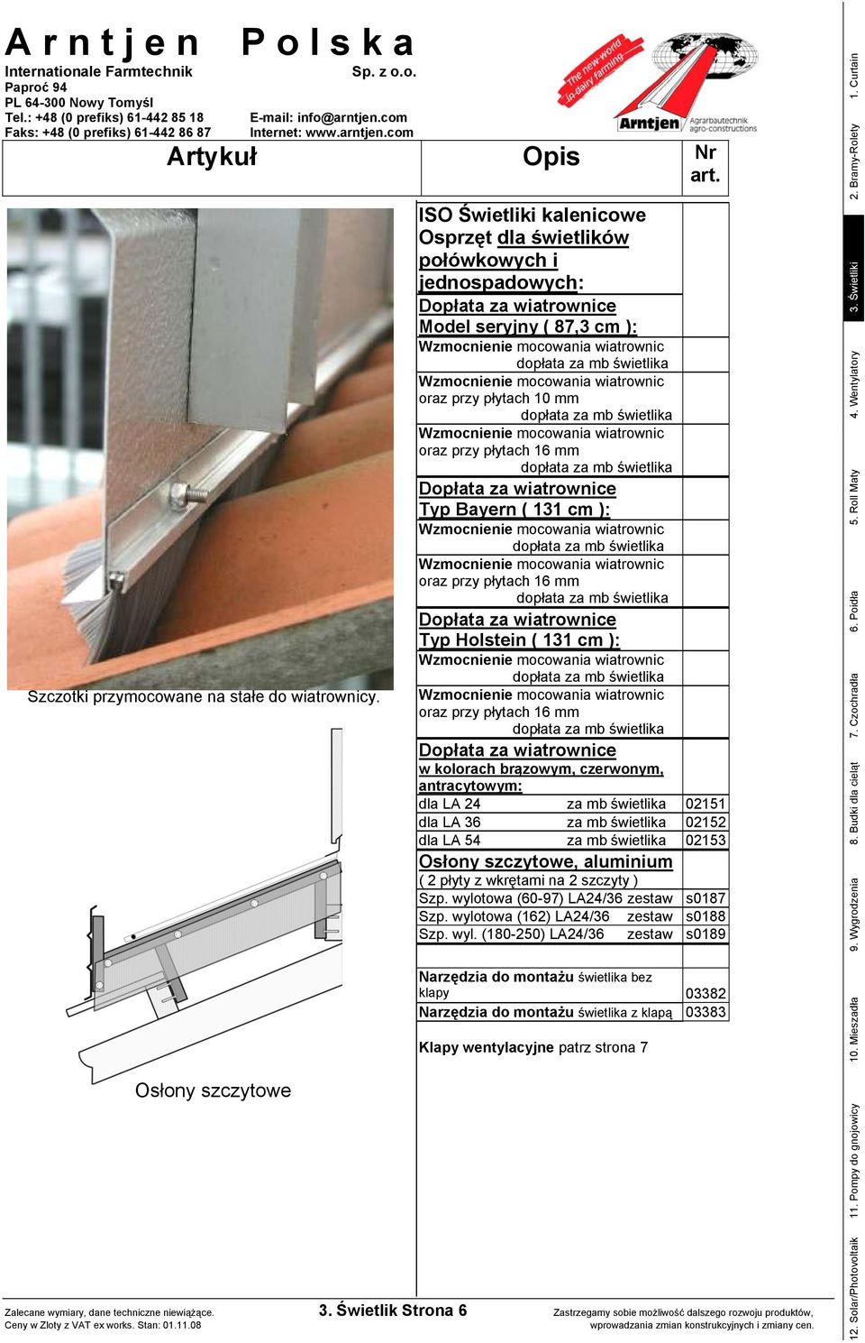 czerwonym, antracytowym: dla LA 24 za mb świetlika 02151 dla LA 36 za mb świetlika 02152 dla LA 54 za mb świetlika 02153 Osłony szczytowe, aluminium ( 2 płyty z wkrętami na 2 szczyty ) Szp.