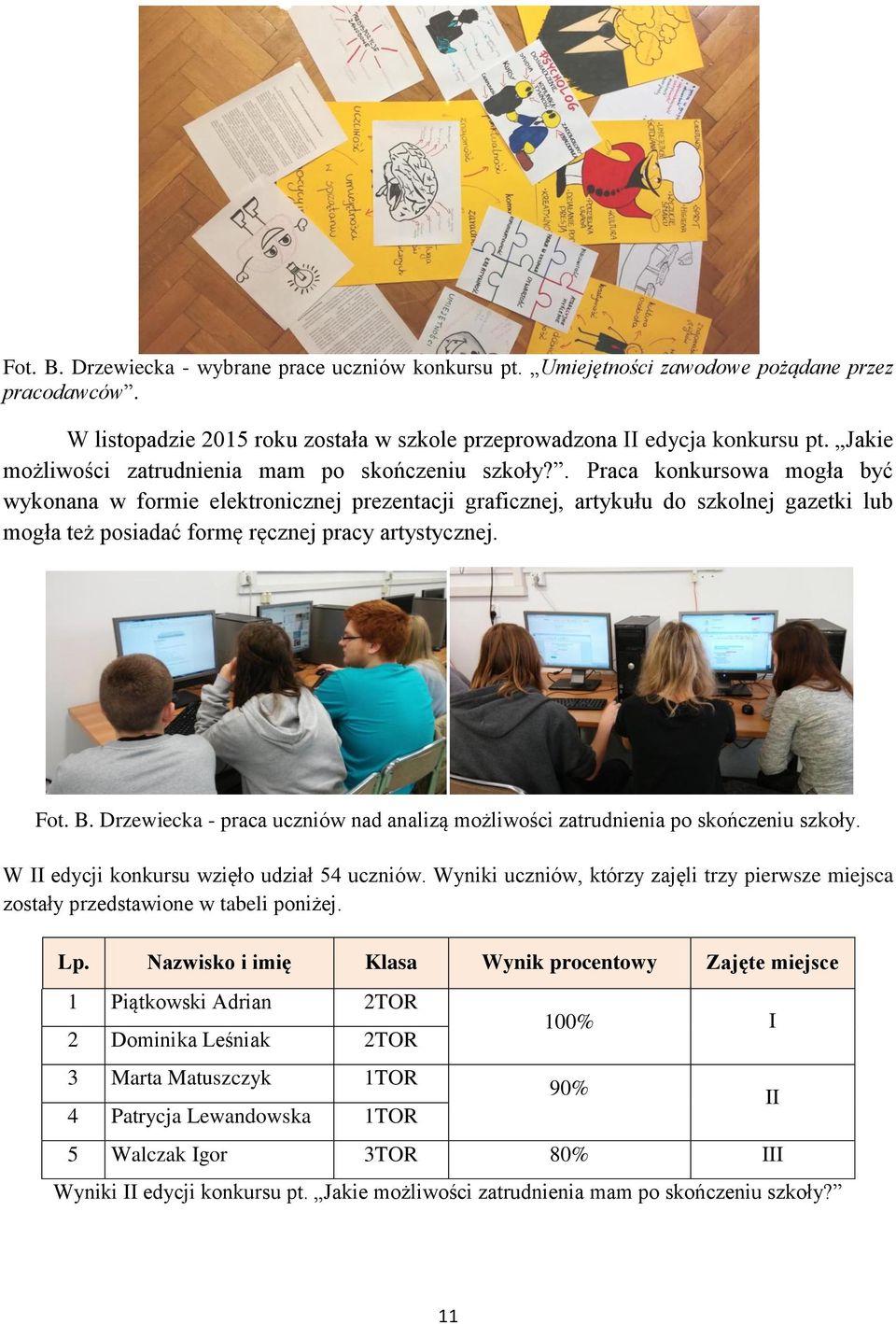 . Praca konkursowa mogła być wykonana w formie elektronicznej prezentacji graficznej, artykułu do szkolnej gazetki lub mogła też posiadać formę ręcznej pracy artystycznej. Fot. B.