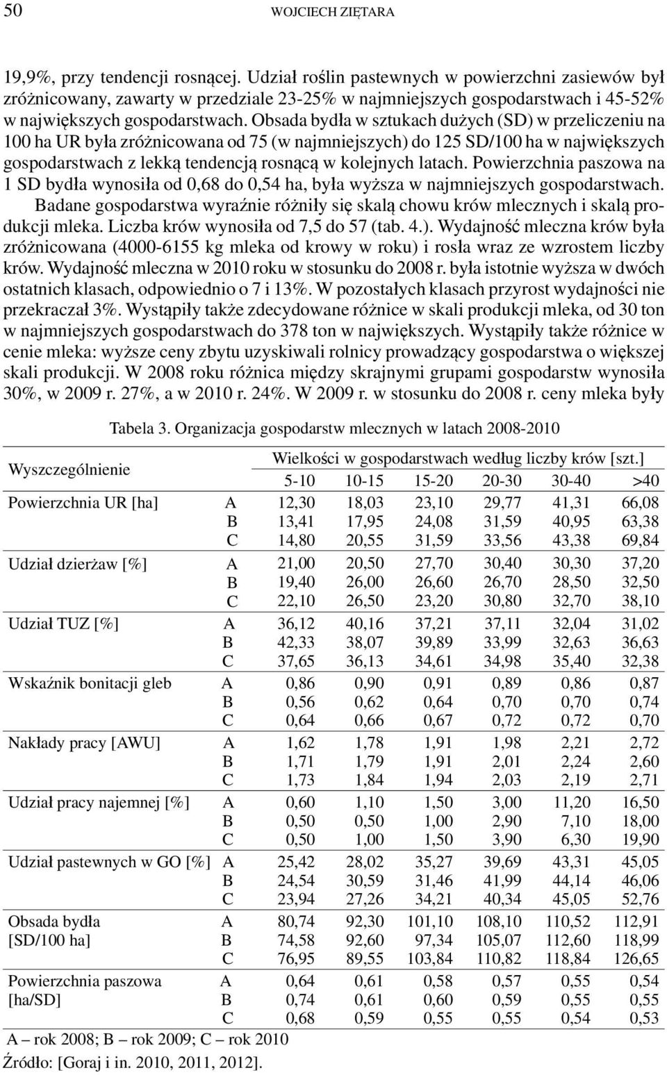 Obsada bydła w sztukach dużych (SD) w przeliczeniu na 100 ha UR była zróżnicowana od 75 (w najmniejszych) do 125 SD/100 ha w największych gospodarstwach z lekką tendencją rosnącą w kolejnych latach.