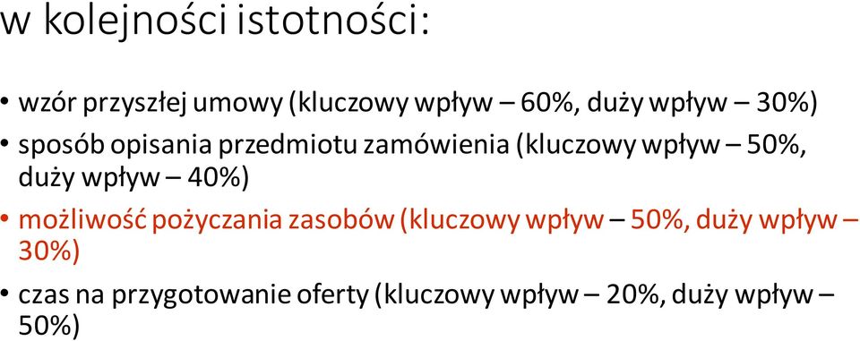 duży wpływ 40%) możliwość pożyczania zasobów (kluczowy wpływ 50%, duży