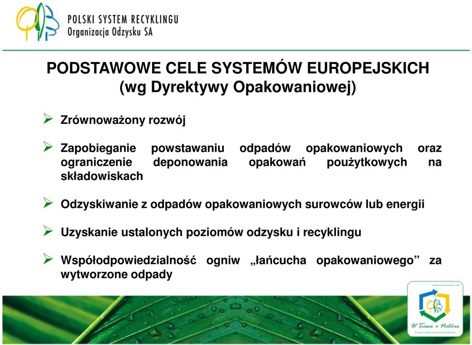 poużytkowych na składowiskach Odzyskiwanie z odpadów opakowaniowych surowców lub energii