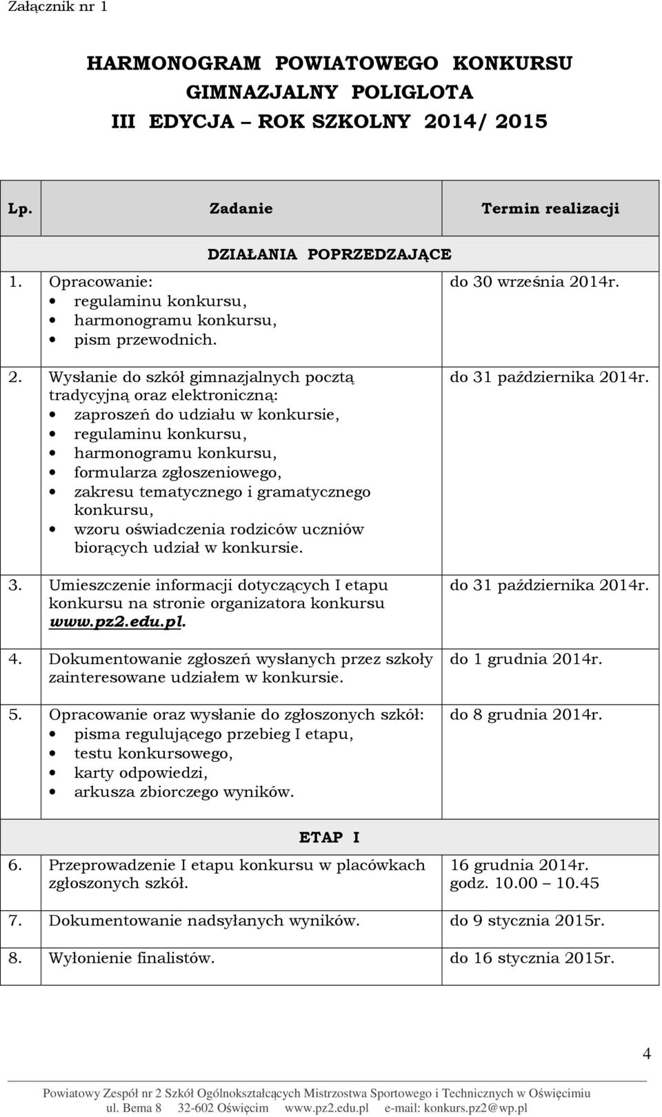 Wysłanie do szkół gimnazjalnych pocztą tradycyjną oraz elektroniczną: zaproszeń do udziału w konkursie, regulaminu konkursu, harmonogramu konkursu, formularza zgłoszeniowego, zakresu tematycznego i