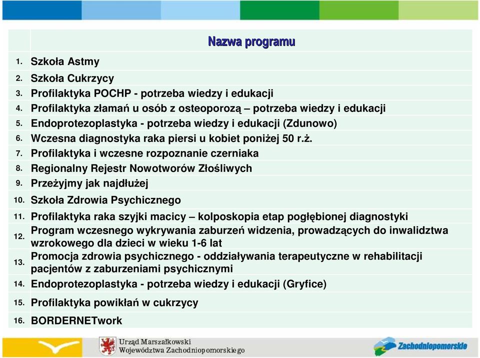 Regionalny Rejestr Nowotworów Złośliwych 9. PrzeŜyjmy jak najdłuŝej 10. Szkoła Zdrowia Psychicznego 11. Profilaktyka raka szyjki macicy kolposkopia etap pogłębionej diagnostyki 12.