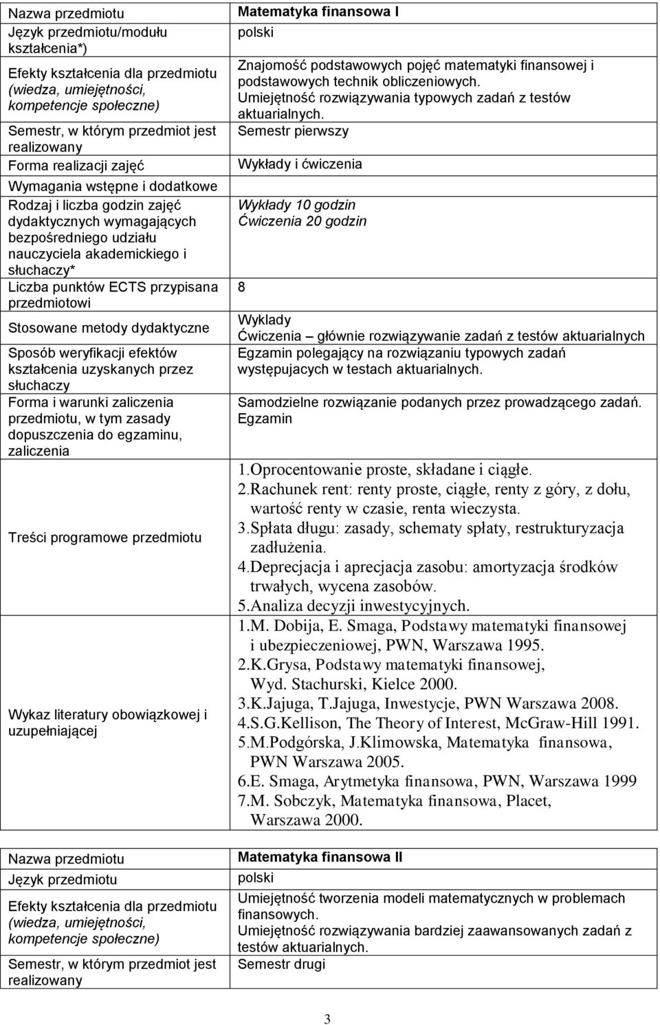 Semestr pierwszy 10 godzin Ćwiczenia 20 godzin Wyklady Ćwiczenia głównie rozwiązywanie zadań z testów aktuarialnych polegający na rozwiązaniu typowych zadań występujacych w testach aktuarialnych.