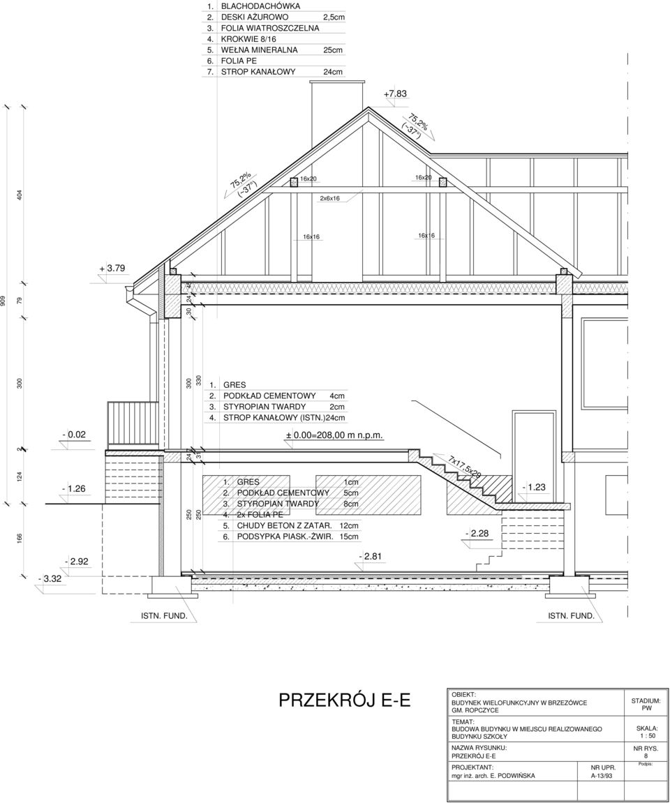 ) 24cm. 2. 3. 4. 5. 6. 6x20 6x6 2x6x6 ± 0.00=208,00 m n.p.m. PODKŁAD CEMENTOWY STYROPIAN TWARDY 2x FOLIA PE CHUDY BETON Z ZATAR.