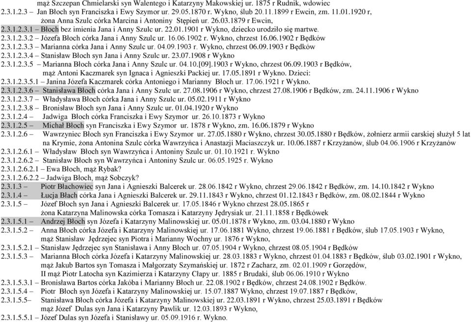 16.06.1902 r. Wykno, chrzest 16.06.1902 r Będków 2.3.1.2.3.3 Marianna córka Jana i Anny Szulc ur. 04.09.1903 r. Wykno, chrzest 06.09.1903 r Będków 2.3.1.2.3.4 Stanisław Błoch syn Jana i Anny Szulc ur.