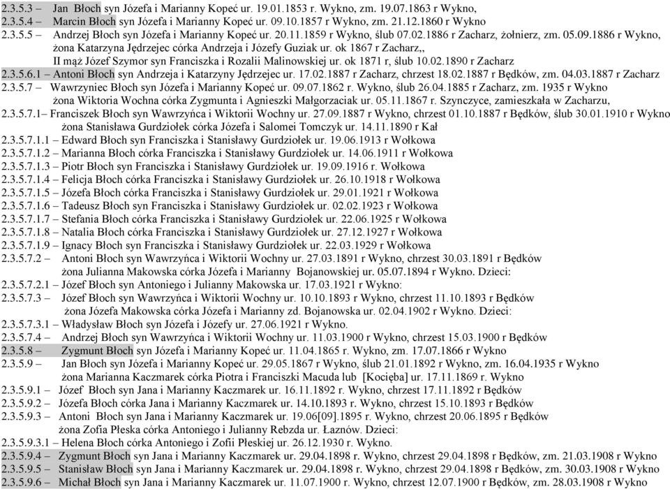 ok 1867 r Zacharz,, II mąż Józef Szymor syn Franciszka i Rozalii Malinowskiej ur. ok 1871 r, ślub 10.02.1890 r Zacharz 2.3.5.6.1 Antoni Błoch syn Andrzeja i Katarzyny Jędrzejec ur. 17.02.1887 r Zacharz, chrzest 18.