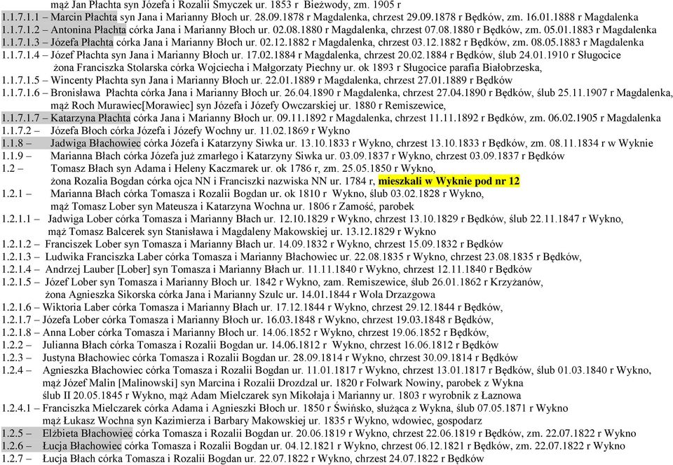 02.12.1882 r Magdalenka, chrzest 03.12.1882 r Będków, zm. 08.05.1883 r Magdalenka 1.1.7.1.4 Józef Płachta syn Jana i Marianny Błoch ur. 17.02.1884 r Magdalenka, chrzest 20.02.1884 r Będków, ślub 24.