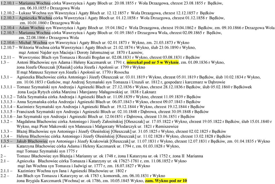 2.10.4 Adam Wochna syn Wawrzyńca i Agaty Błoch ur. 19.04.1862 r Wola Drzazgowa, chrzest 19.04.1862 r Będków, zm. 09.10.1866 r Drzazgowa Wola 1.2.10.5 Marianna Wochna córka Wawrzyńca i Agaty Błoch ur.