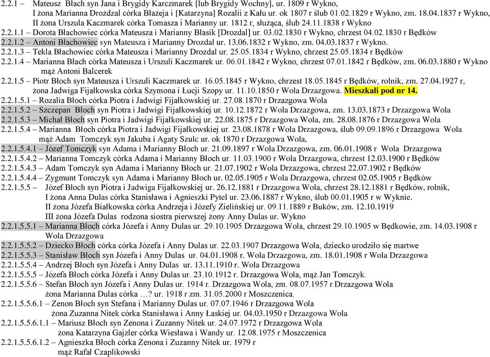 1830 r Wykno, chrzest 04.02.1830 r Będków 2.2.1.2 Antoni Błachowiec syn Mateusza i Marianny Drozdal ur. 13.06.1832 r Wykno, zm. 04.03.1837 r Wykno. 2.2.1.3 Tekla Błachowiec córka Mateusza i Marianny Drozdal ur.