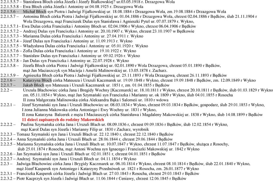 1904 r Wola Drzazgowa, mąż Franciszek Dulas syn Stanisława i Agnieszki Pytel ur. 07.07.1879 r. Wykno, 2.2.1.5.7.1 Ewa Dulas córka Franciszka i Antoniny Błoch ur. 02.04.1906 r Wykno, chrzest 06.04.1906 r Będków 2.