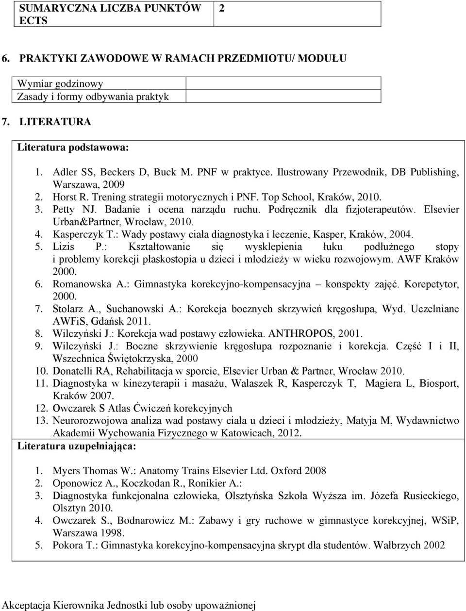 Podręcznik dla fizjoterapeutów. Elsevier Urban&Partner, Wrocław, 2010. 4. Kasperczyk T.: Wady postawy ciała diagnostyka i leczenie, Kasper, Kraków, 2004. 5. Lizis P.