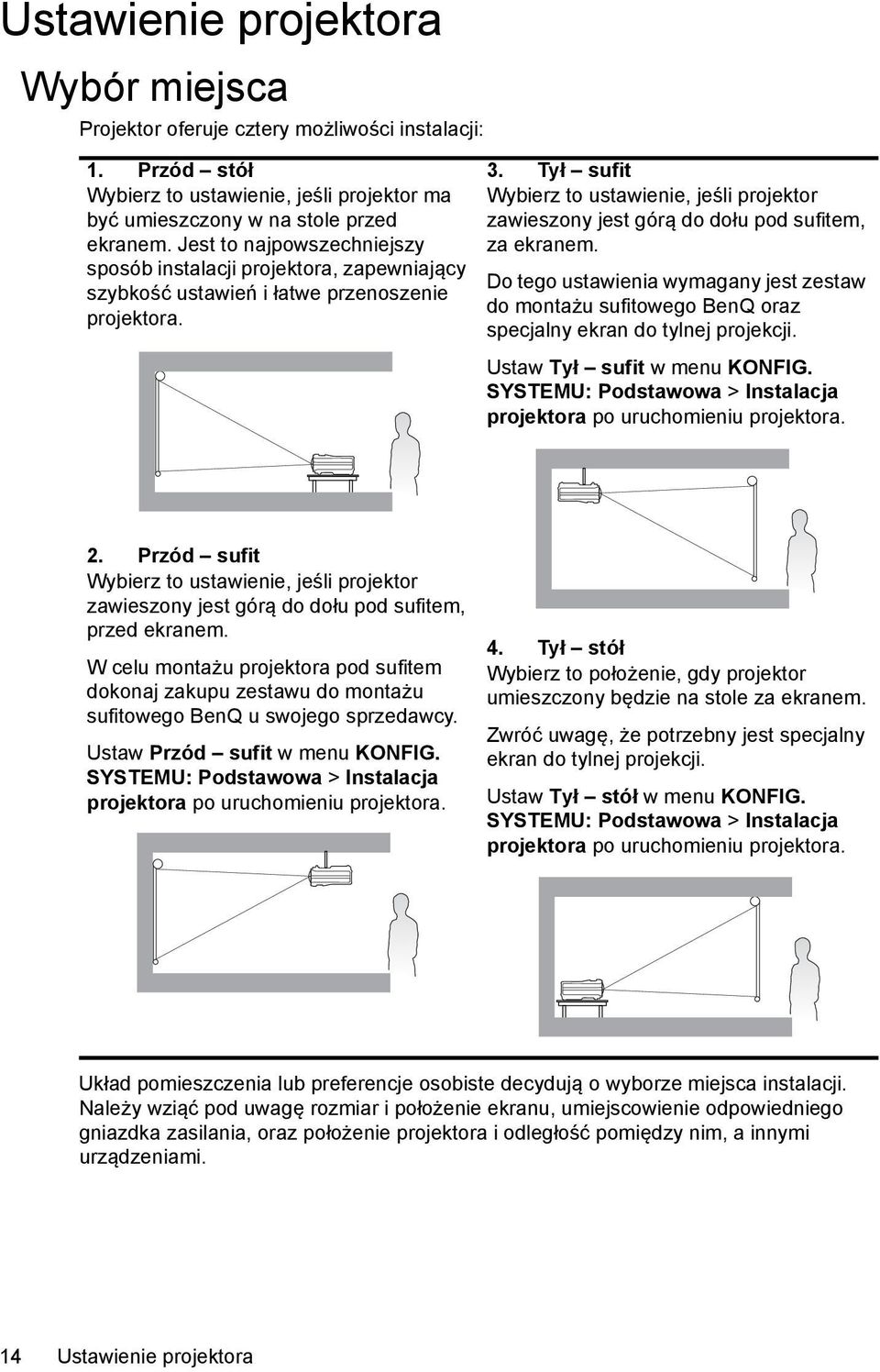 Tył sufit Wybierz to ustawienie, jeśli projektor zawieszony jest górą do dołu pod sufitem, za ekranem.